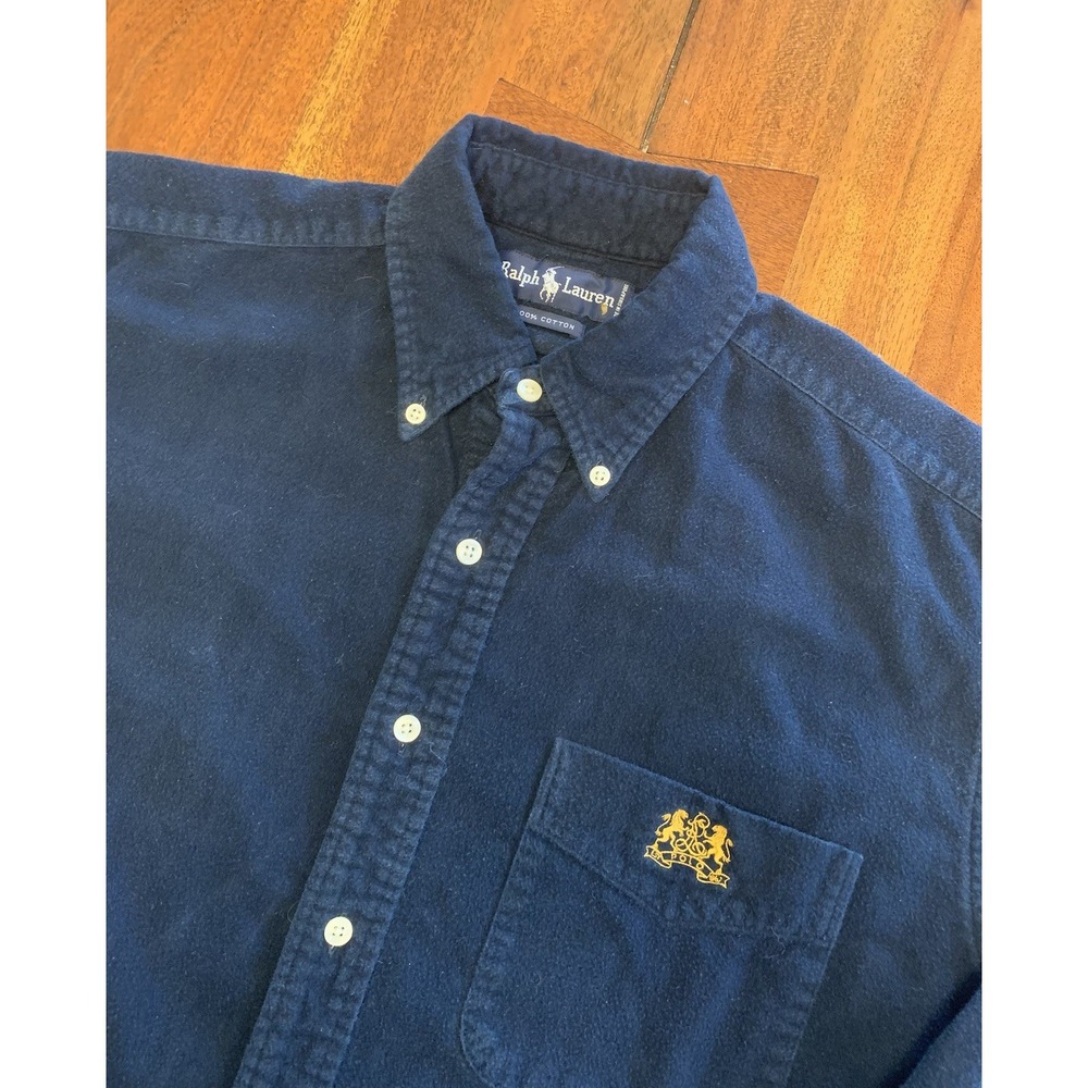 Vintage Ralph Lauren Shirt Mens M Blue Navy Gold Crest RL Crown Brushed Cotton